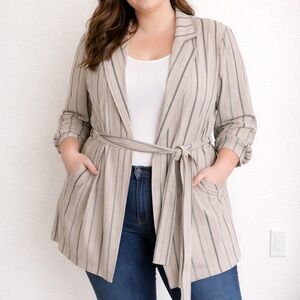 Elegant Striped Women's Blazer Style Top with Tie Belt